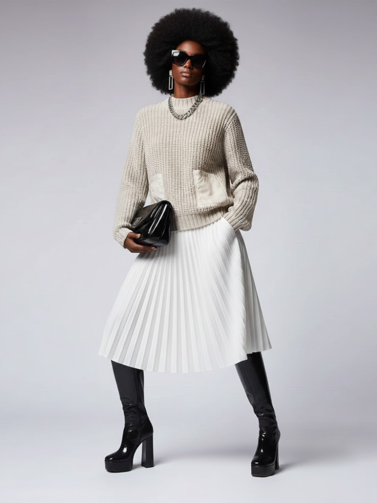 Beige Ribbed Knit Women's Sweater with Nylon Pockets GREENWICH: New Colección COUTURE in NOLITA - BYMANYC ® New York