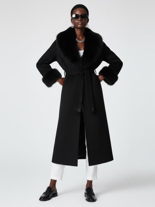 Schwarzer langer Mantel mit Kunstfellkragen – CADMAN PLAZA: Neue Kollektion COUTURE in BROOKLYN – BYMANYC ® New York