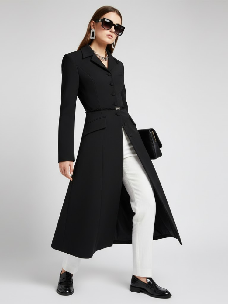 Schwarzer, langer Taillierter Mantel mit Gürtel - BOERUM HILL: Neue Kollektion COUTURE in BROOKLYN - BYMANYC ® New York