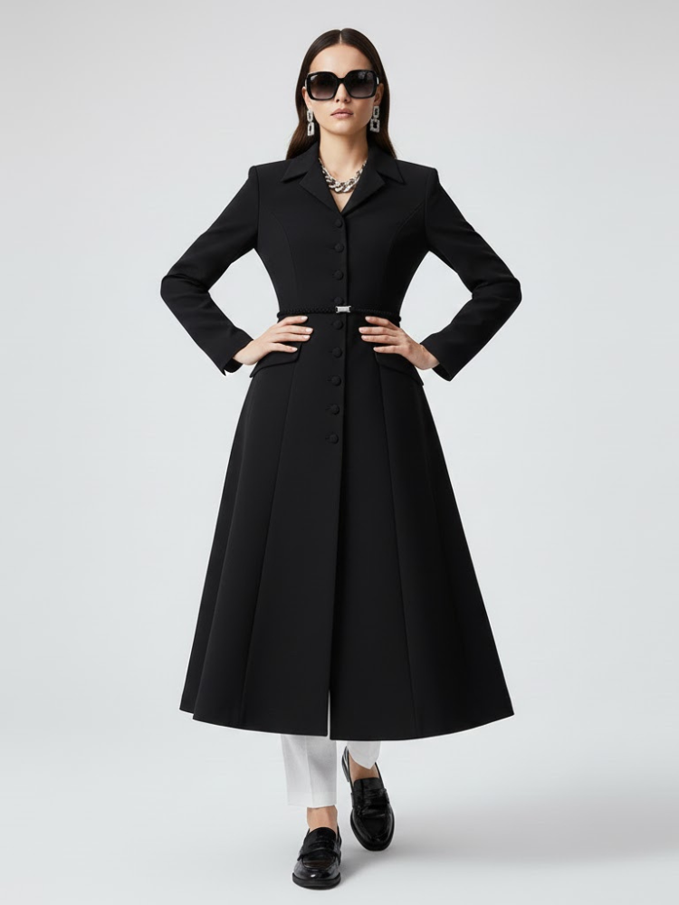 Schwarzer, langer Taillierter Mantel mit Gürtel - BOERUM HILL: Neue Kollektion COUTURE in BROOKLYN - BYMANYC ® New York
