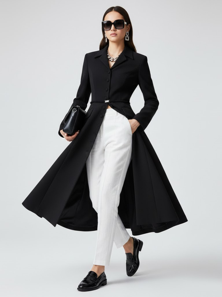 Schwarzer, langer Taillierter Mantel mit Gürtel - BOERUM HILL: Neue Kollektion COUTURE in BROOKLYN - BYMANYC ® New York