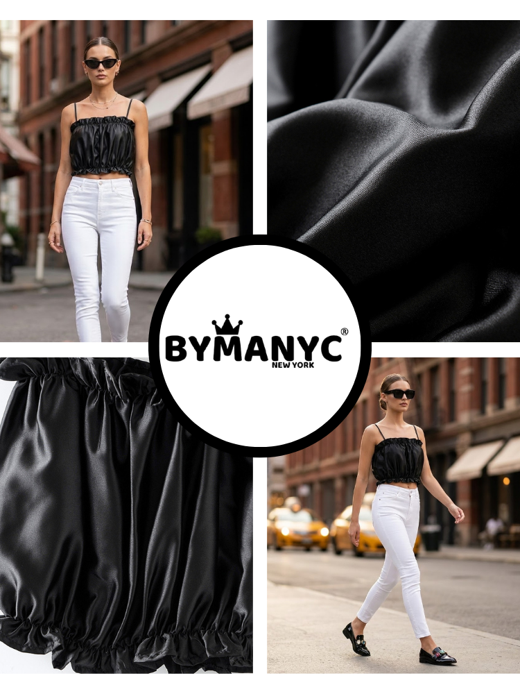 Schwarzes SOHO Satin-Oberteil mit Raffungen Prêt-à-Porter BYMANYC ® New York