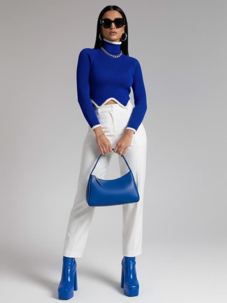 Blue Ribbed Knit Sweater Women's LENOX: New Colección COUTURE in NOLITA - BYMANYC ® New York