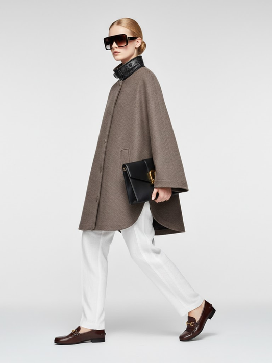 Braune Jacke aus Wollgemisch mit Lederkragen und Egg-Shape-Schnitt • BYMANYC ® New York