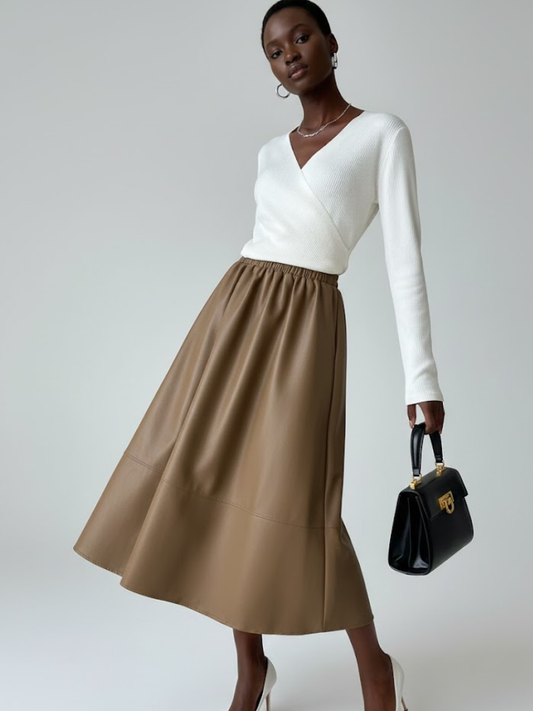 Camel Vegan Leather Midi Skirt Women's LAFAYETTE: New Colección COUTURE in NOLITA - BYMANYC ® New York