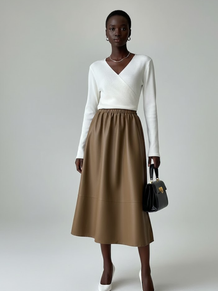 Camel Vegan Leather Midi Skirt Women's LAFAYETTE: New Colección COUTURE in NOLITA - BYMANYC ® New York