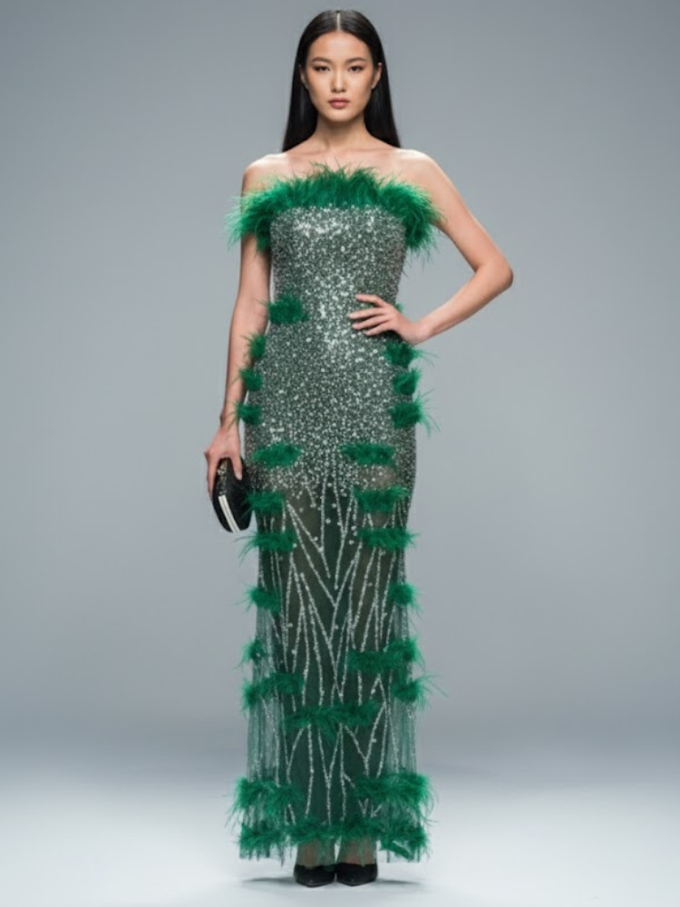 Emerald Sequin and Feather Gala Dress THE BRONX ZOO: Prêt-à-Porter Line BYMANYC ® New York