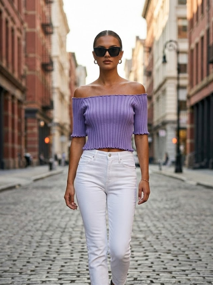 Lavender ASTOR Geripptes Carmen-Oberteil Prêt-à-Porter BYMANYC ®