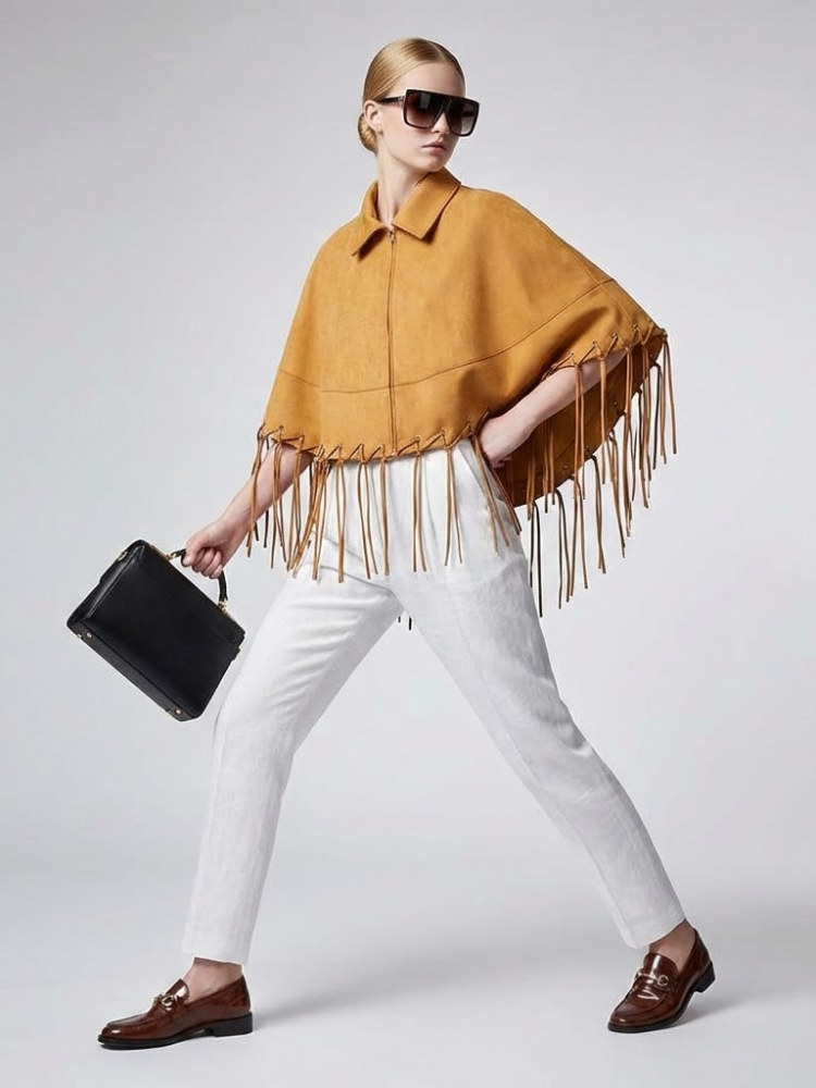 Senfgelbes Veloursleder-Cape mit Fransen und Ösen-Details • BYMANYC ® New York