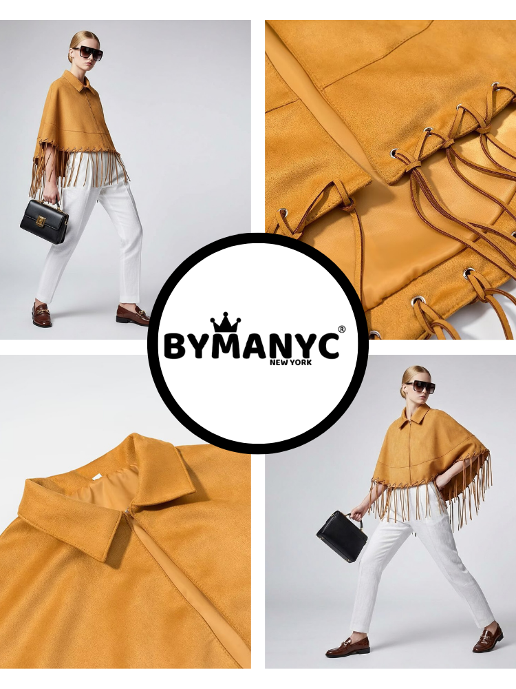 Senfgelbes Veloursleder-Cape mit Fransen und Ösen-Details • BYMANYC ® New York