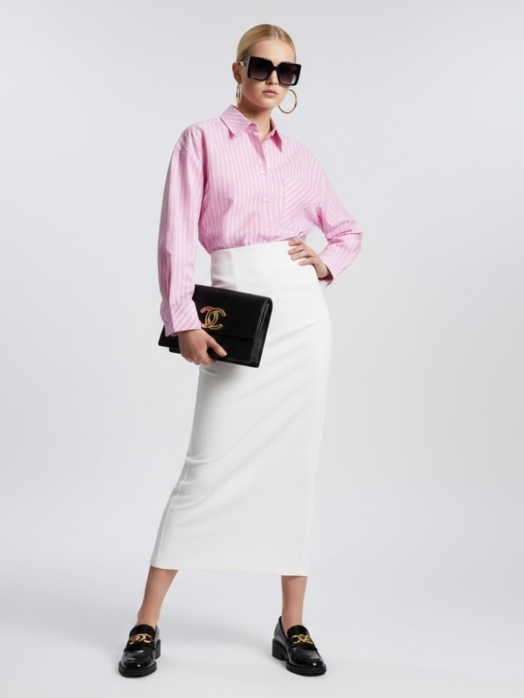 Rosa gestreiftes Oversize-Hemd mit geometrischer Tasche • BYMANYC ® New York