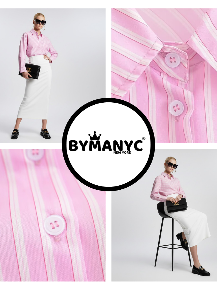 Rosa gestreiftes Oversize-Hemd mit geometrischer Tasche • BYMANYC ® New York
