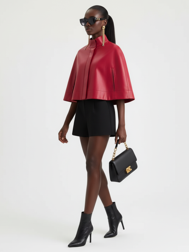 Kurze Cape-Jacke aus rotem Lederimitat für Damen, Greenwich Village, BYMANYC New York.