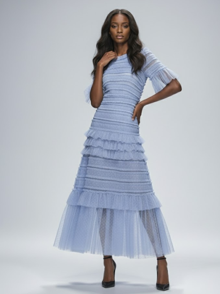 Sky Blue Ruffle Midi Dress CENTRAL PARK: Prêt-à-Porter Line BYMANYC ® New York