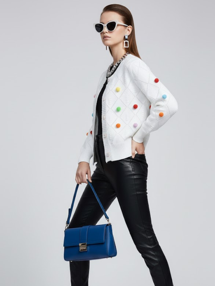 White Open Knit Cardigan with Colored Pom-Poms Women's BLEECKER: New Colección COUTURE in NOLITA - BYMANYC ® New York