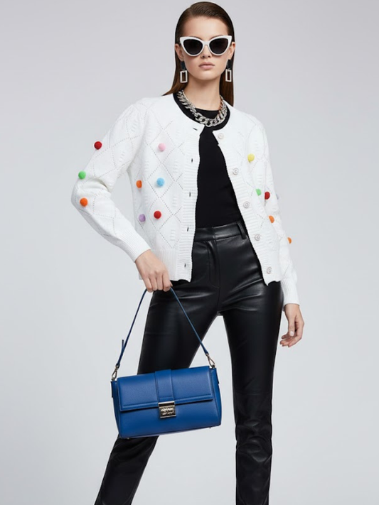 White Open Knit Cardigan with Colored Pom-Poms Women's BLEECKER: New Colección COUTURE in NOLITA - BYMANYC ® New York