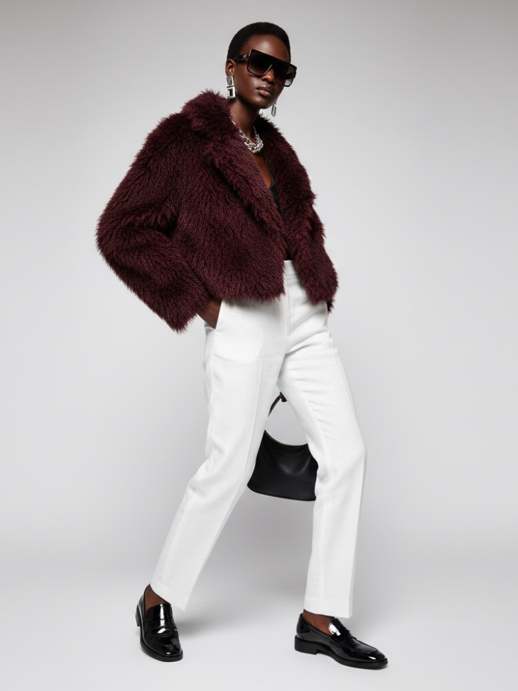Damen-Crop-Jacke aus Kunstpelz BURGUNDY - CARROLL GARDENS: Neue Kollektion COUTURE in BROOKLYN - BYMANYC ® New York