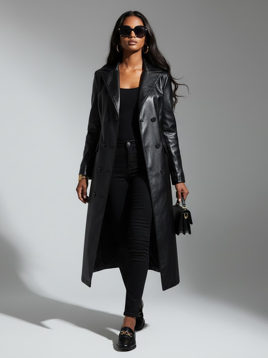 Damen Langer Trenchcoat aus veganem Leder SCHWARZ FINANCIAL COUTURE BYMANYC ® New York
