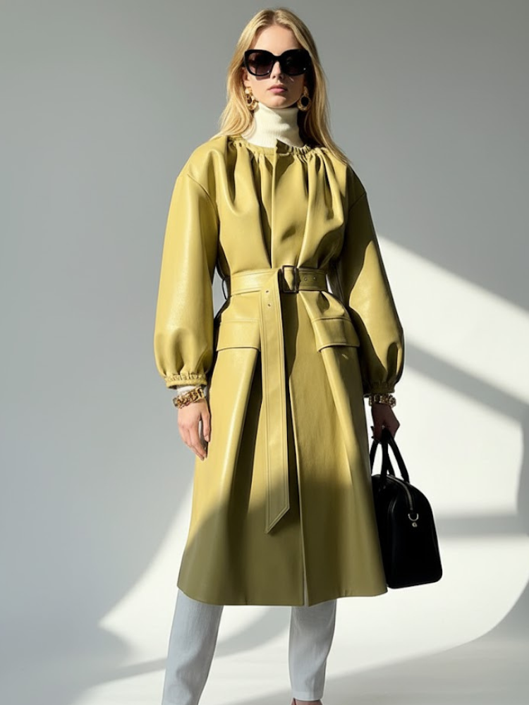 Women's Long Vegan Leather Trench Coat PISTACHIO UPPER WEST COUTURE BYMANYC ® New York