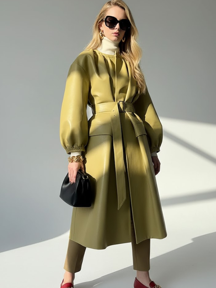 Women's Long Vegan Leather Trench Coat PISTACHIO UPPER WEST COUTURE BYMANYC ® New York