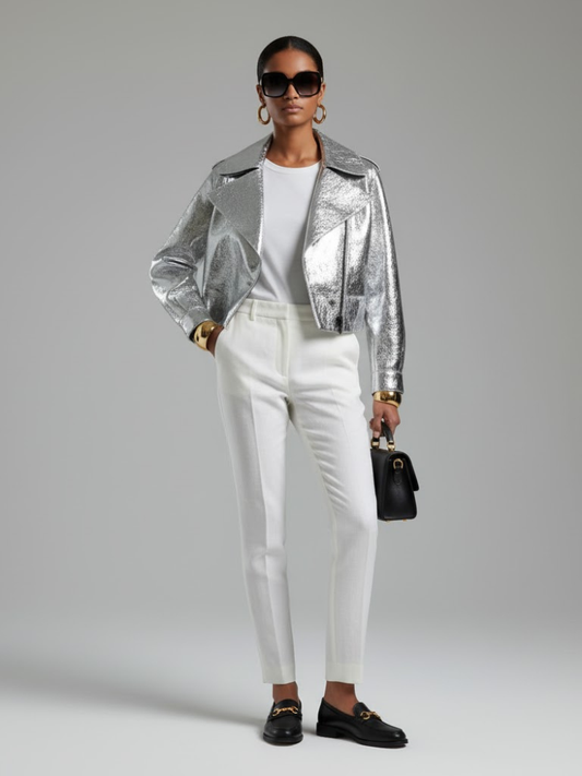 Damen Bikerjacke aus Metallic Vegan Leder SILVER WALL STREET COUTURE BYMANYC ® New York