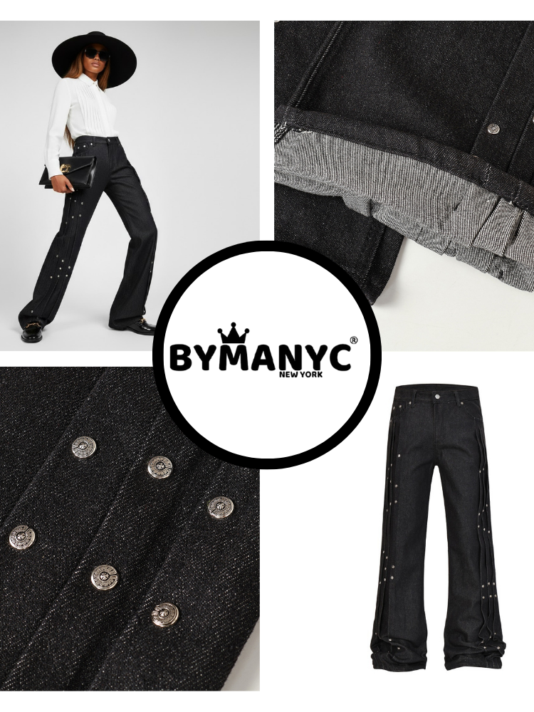 Elegante Wide-Leg Denimhose mit Paneelen und Nietenapplikationen • BYMANYC ® New York